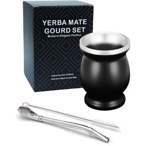 LA FEE Yerba Mate Natural Gourd/Tea Cup Set Brown (Original Traditional Mate Cup - 8 Ounces)，Includes Yerba Mate Straw & Cleaning Brush，Stainless Steel | Double-Walled | Easy to Clean (Brown)