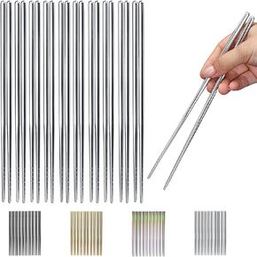 10 Pairs Reusable Chopsticks, Stainless Steel Metal Chop Sticks, Japanese Chinese Korean Chopstick Dishwasher Safe, 8.9 Inch (Silver / Chop sticks)