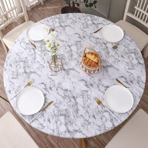 Round Vinyl Fitted Tablecloth with Flannel Backing Elastic Edge Design Table Cover Waterproof Oil-Proof Plastic Table Cloth Stain-Resistant Wipeable for Round Table