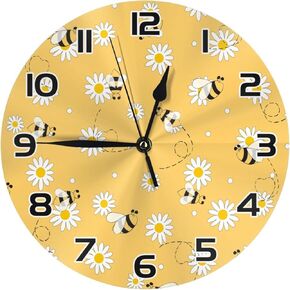 Wall Clock Cute Yellow Bee Daisy Flower 10 inch Silent Non-Ticking Round Wall Clocks Battery Operated Quartz Analog Clock for Bedroom Bathroom Kitchen Kids Living Room Decor