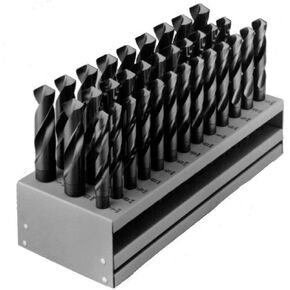 Chicago Latrobe 190F High-Speed Steel Reduced Shank Drill Bit Set With Stand, Black Oxide, Round Shank with Flats, 118 Degree Split Point, 33-Piece