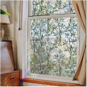 Window Privacy Film, Green Vines Leaves Stained Glass Window Film, Non-Adhesive Static Clings Window Film Decals for Glass Window Decor, Suncatcher Window Film (Green Vines Leaves)