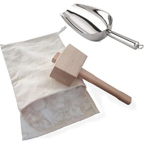 Lewis Bag and Wooden Mallet Crusher, Reusable Canvas Crushed Ice Bags,Wooden Mallet Bar, Steel Ice Scoop, for Summer Bartender Kit & Bar Tools Kitchen Accessory