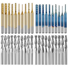 40Pcs End Mills CNC Router Bits Kit 1/8" Shank, CNC Cutter Milling Carving Bit Set Including 2-Flute Flat Nose & Ball Nose End Mill, Titanium Coat End Mill, Nano Blue Coat End Mill