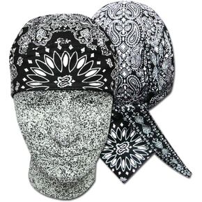 Danbanna Deluxe Black White Paisley Durag Head Wrap Biker Skull Cap Helmet Liner