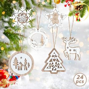 24 Pac Christmas Tree Ornaments Set, Kalolary Wooden Craved Hanging Craft Decorations with Ropes Gift Tags for Winter Christmas Holiday Tree Pendants Decorations(6 styles)