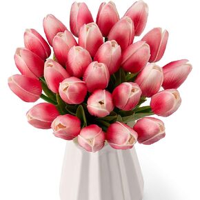 Crafare 27PC Spring Artificial Tulips Flowers Real Touch Tulips for Valentines Day Wedding Bouquets Floral Arrangement and Home Room Centerpiece Party Decor(Double Pink)