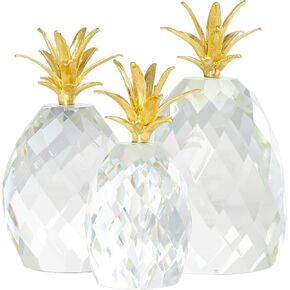 Deco 79 Crystal Fruit Decorative Sculpture Faceted Pineapple Home Decor Statues with Gold Leaves, Set of 3 Accent Figurines 7", 7", 5"H, Clear