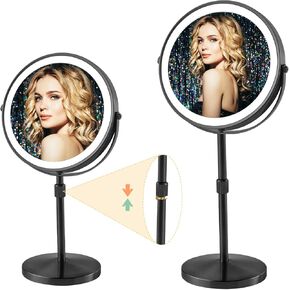8" Makeup Mirror with Lights, 10X Lighted Makeup Mirror with Magnification, Magnifying Mirror with Adjustable Height,Vanity Countertop Magnified Mirror, Brushed Gold