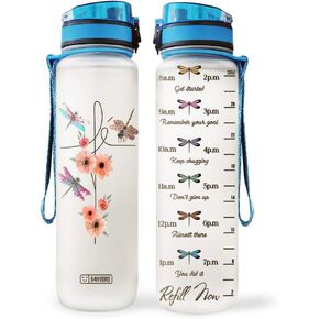64HYDRO 32oz 1Liter Motivational Water Bottle with Time Marker, Colorful Dragonfly Flower Lover HAH2205002 Water Bottle - WTB in Saudi Arabia