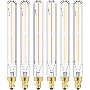LEOOLS E12 Led Long Bulb,7.3Inch Long Tubular Light Bulbs,T6 B11 Candelabra Bulb 40 watt for Chandeliers,Clear Glass,Warm White,2700K 400LM 4W Dimmable Tube E12 Led Edison Bulb 6Pack