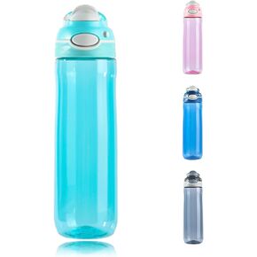 Pink Water Bottle No Straw, BPA FREE TRITAN, Lock Button Has Handle Clear Bottles, Wide Mouth Easy Clean for Women Office Travel Yoga, 24oz (750ml)