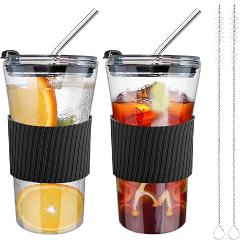 2 pcs Iced Coffee Cups with Lids, 16 oz Glass Cups with Lids and Straws, Reusable Tumbler with Silicone Sleeve, Wide Mouth Can Shaped Drinking Glasses for Coffee Juice Water Smoothie (White) in Saudi Arabia
