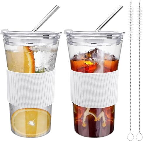 2 pcs Iced Coffee Cups with Lids, 16 oz Glass Cups with Lids and Straws, Reusable Tumbler with Silicone Sleeve, Wide Mouth Can Shaped Drinking Glasses for Coffee Juice Water Smoothie (White) in Saudi Arabia