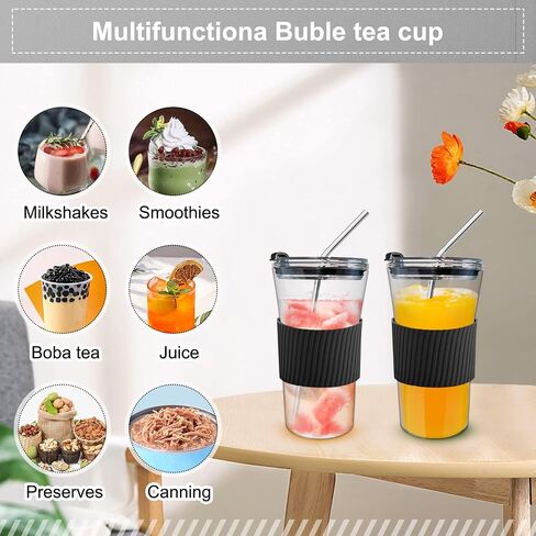 2 pcs Iced Coffee Cups with Lids, 16 oz Glass Cups with Lids and Straws, Reusable Tumbler with Silicone Sleeve, Wide Mouth Can Shaped Drinking Glasses for Coffee Juice Water Smoothie (White) in Saudi Arabia