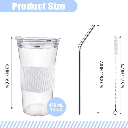 2 pcs Iced Coffee Cups with Lids, 16 oz Glass Cups with Lids and Straws, Reusable Tumbler with Silicone Sleeve, Wide Mouth Can Shaped Drinking Glasses for Coffee Juice Water Smoothie (White) in Saudi Arabia