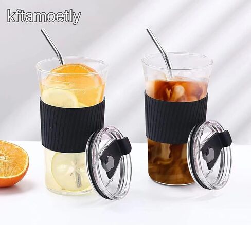2 pcs Iced Coffee Cups with Lids, 16 oz Glass Cups with Lids and Straws, Reusable Tumbler with Silicone Sleeve, Wide Mouth Can Shaped Drinking Glasses for Coffee Juice Water Smoothie (White) in Saudi Arabia