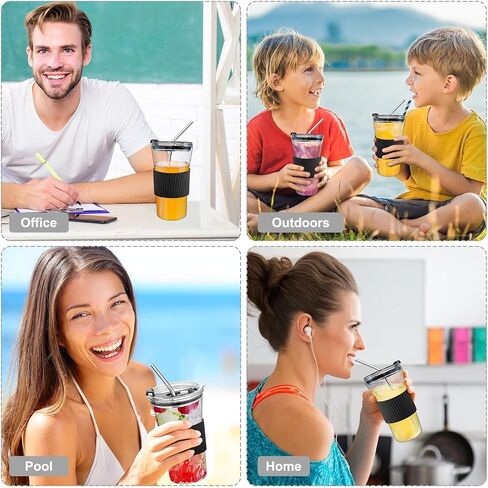 2 pcs Iced Coffee Cups with Lids, 16 oz Glass Cups with Lids and Straws, Reusable Tumbler with Silicone Sleeve, Wide Mouth Can Shaped Drinking Glasses for Coffee Juice Water Smoothie (White) in Saudi Arabia