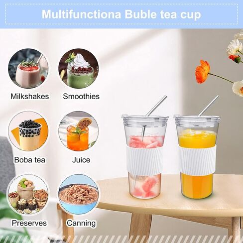 2 pcs Iced Coffee Cups with Lids, 16 oz Glass Cups with Lids and Straws, Reusable Tumbler with Silicone Sleeve, Wide Mouth Can Shaped Drinking Glasses for Coffee Juice Water Smoothie (White) in Saudi Arabia