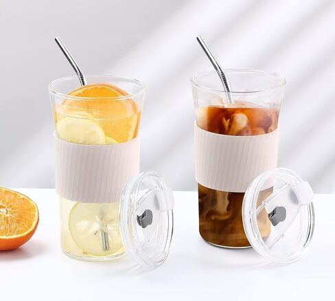 2 pcs Iced Coffee Cups with Lids, 16 oz Glass Cups with Lids and Straws, Reusable Tumbler with Silicone Sleeve, Wide Mouth Can Shaped Drinking Glasses for Coffee Juice Water Smoothie (White) in Saudi Arabia