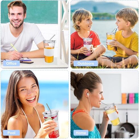2 pcs Iced Coffee Cups with Lids, 16 oz Glass Cups with Lids and Straws, Reusable Tumbler with Silicone Sleeve, Wide Mouth Can Shaped Drinking Glasses for Coffee Juice Water Smoothie (White) in Saudi Arabia