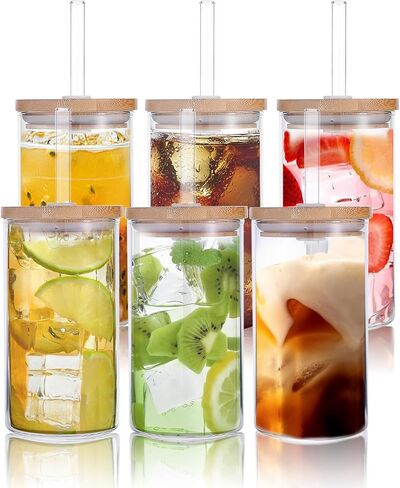 2 pcs Iced Coffee Cups with Lids, 16 oz Glass Cups with Lids and Straws, Reusable Tumbler with Silicone Sleeve, Wide Mouth Can Shaped Drinking Glasses for Coffee Juice Water Smoothie (White) in Saudi Arabia