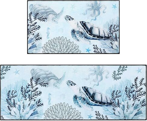Bencailor 2 Pcs Ocean Kitchen Rugs and Mats Set Sea Themed Non Slip Kitchen Mat Turtle Coral Octopus Cabin Rugs for Summer Home Floor Kitchen Bathroom Decor, 29.13 x 16.93 Inch, 47.24 x 16.93 Inch in Saudi Arabia