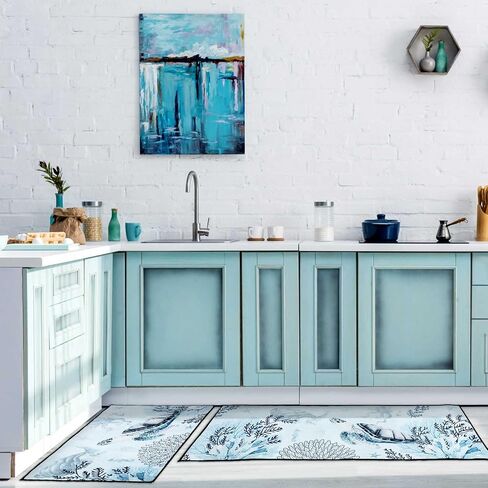 Bencailor 2 Pcs Ocean Kitchen Rugs and Mats Set Sea Themed Non Slip Kitchen Mat Turtle Coral Octopus Cabin Rugs for Summer Home Floor Kitchen Bathroom Decor, 29.13 x 16.93 Inch, 47.24 x 16.93 Inch in Saudi Arabia