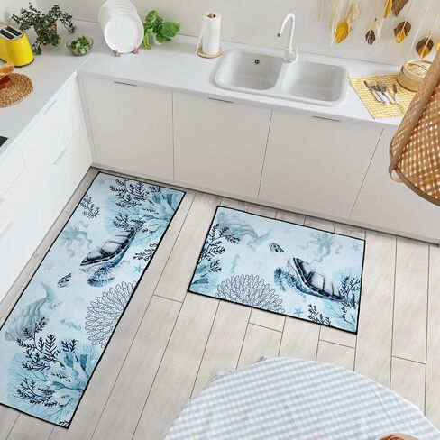 Bencailor 2 Pcs Ocean Kitchen Rugs and Mats Set Sea Themed Non Slip Kitchen Mat Turtle Coral Octopus Cabin Rugs for Summer Home Floor Kitchen Bathroom Decor, 29.13 x 16.93 Inch, 47.24 x 16.93 Inch in Saudi Arabia