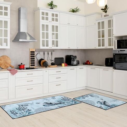 Bencailor 2 Pcs Ocean Kitchen Rugs and Mats Set Sea Themed Non Slip Kitchen Mat Turtle Coral Octopus Cabin Rugs for Summer Home Floor Kitchen Bathroom Decor, 29.13 x 16.93 Inch, 47.24 x 16.93 Inch in Saudi Arabia