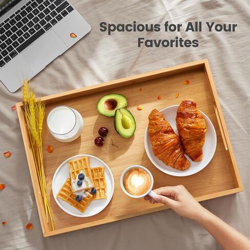 صينية تقديم بيبيشيل بمقابض، صينية إفطار من الخيزران، صواني خشبية للأكل والعمل والتخزين، تستخدم في غرفة النوم والمطبخ وغرفة المعيشة والحمام والمستشفى والخارج - 16.14 × 12.2 × 1.38 بوصة in Kuwait