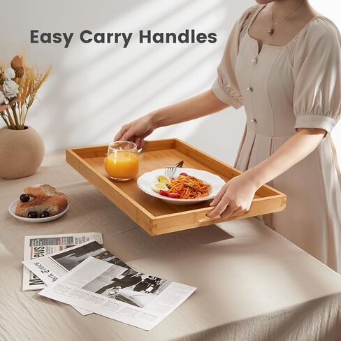 صينية تقديم بيبيشيل بمقابض، صينية إفطار من الخيزران، صواني خشبية للأكل والعمل والتخزين، تستخدم في غرفة النوم والمطبخ وغرفة المعيشة والحمام والمستشفى والخارج - 16.14 × 12.2 × 1.38 بوصة in Kuwait