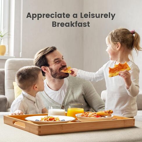 صينية تقديم بيبيشيل بمقابض، صينية إفطار من الخيزران، صواني خشبية للأكل والعمل والتخزين، تستخدم في غرفة النوم والمطبخ وغرفة المعيشة والحمام والمستشفى والخارج - 16.14 × 12.2 × 1.38 بوصة in Kuwait