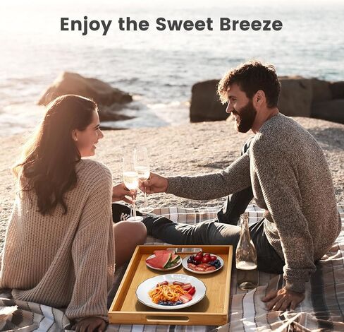 صينية تقديم بيبيشيل بمقابض، صينية إفطار من الخيزران، صواني خشبية للأكل والعمل والتخزين، تستخدم في غرفة النوم والمطبخ وغرفة المعيشة والحمام والمستشفى والخارج - 16.14 × 12.2 × 1.38 بوصة in Kuwait