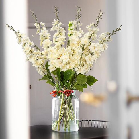 زهور الدلفينيوم الاصطناعية البرتقالية، 6 قطع من زهرة لاركسبور الاصطناعية مقاس 34 بوصة زهور الدلفينيوم المزيفة زهور حريرية لديكور المنزل، قطع مركزية من الزهور للطاولات in Kuwait