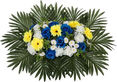 Headstone Flower Saddle for Grave - Artificial Memorial Day Cemetery Flowers Silk Funeral Sympathy Floral Arrangements for Outdoor Gravestone Decorations (Yellow White Royal Blue) in Saudi Arabia