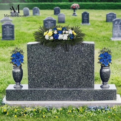 Headstone Flower Saddle for Grave - Artificial Memorial Day Cemetery Flowers Silk Funeral Sympathy Floral Arrangements for Outdoor Gravestone Decorations (Yellow White Royal Blue) in Saudi Arabia