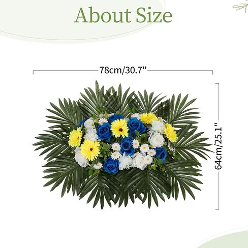 Headstone Flower Saddle for Grave - Artificial Memorial Day Cemetery Flowers Silk Funeral Sympathy Floral Arrangements for Outdoor Gravestone Decorations (Yellow White Royal Blue) in Saudi Arabia