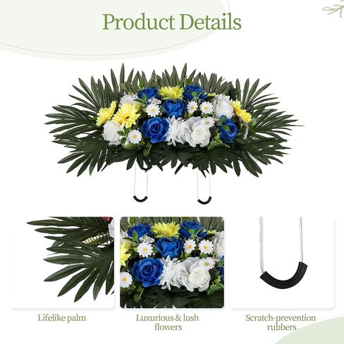 Headstone Flower Saddle for Grave - Artificial Memorial Day Cemetery Flowers Silk Funeral Sympathy Floral Arrangements for Outdoor Gravestone Decorations (Yellow White Royal Blue) in Saudi Arabia