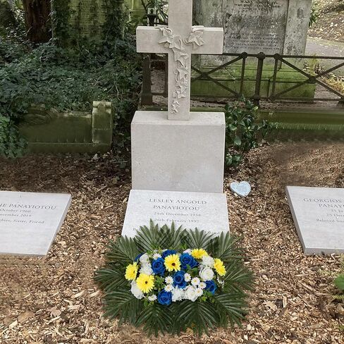 Headstone Flower Saddle for Grave - Artificial Memorial Day Cemetery Flowers Silk Funeral Sympathy Floral Arrangements for Outdoor Gravestone Decorations (Yellow White Royal Blue) in Saudi Arabia