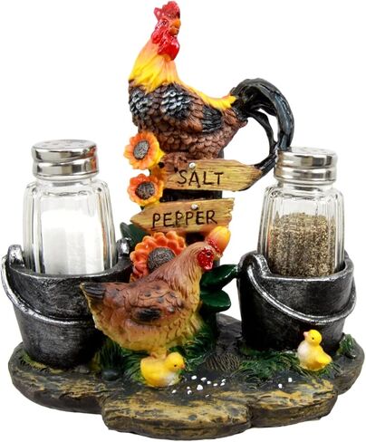 Ebros Gift Country Farm Barnyard Rooster Hen and Chicks Family By Pails And Sunflowers Salt And Pepper Shakers Holder Figurine 7"H With Glass Shakers Decorative Animal Farmland Morning Crow Sunshine in Saudi Arabia