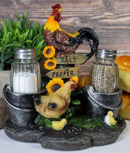 Ebros Gift Country Farm Barnyard Rooster Hen and Chicks Family By Pails And Sunflowers Salt And Pepper Shakers Holder Figurine 7"H With Glass Shakers Decorative Animal Farmland Morning Crow Sunshine in Saudi Arabia