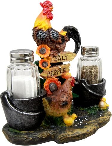 Ebros Gift Country Farm Barnyard Rooster Hen and Chicks Family By Pails And Sunflowers Salt And Pepper Shakers Holder Figurine 7"H With Glass Shakers Decorative Animal Farmland Morning Crow Sunshine in Saudi Arabia