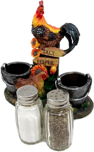 Ebros Gift Country Farm Barnyard Rooster Hen and Chicks Family By Pails And Sunflowers Salt And Pepper Shakers Holder Figurine 7"H With Glass Shakers Decorative Animal Farmland Morning Crow Sunshine in Saudi Arabia