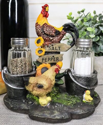 Ebros Gift Country Farm Barnyard Rooster Hen and Chicks Family By Pails And Sunflowers Salt And Pepper Shakers Holder Figurine 7"H With Glass Shakers Decorative Animal Farmland Morning Crow Sunshine in Saudi Arabia