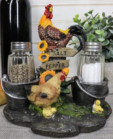 Ebros Gift Country Farm Barnyard Rooster Hen and Chicks Family By Pails And Sunflowers Salt And Pepper Shakers Holder Figurine 7"H With Glass Shakers Decorative Animal Farmland Morning Crow Sunshine in Saudi Arabia