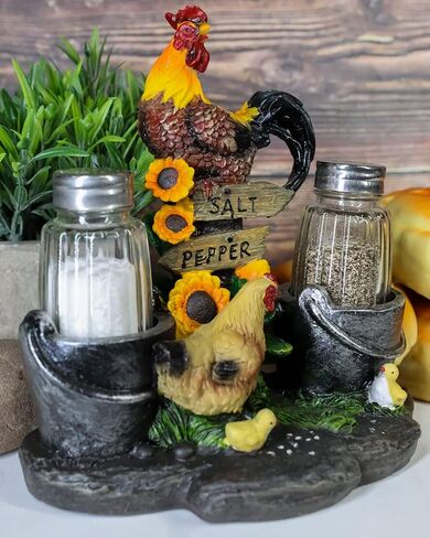 Ebros Gift Country Farm Barnyard Rooster Hen and Chicks Family By Pails And Sunflowers Salt And Pepper Shakers Holder Figurine 7"H With Glass Shakers Decorative Animal Farmland Morning Crow Sunshine in Saudi Arabia
