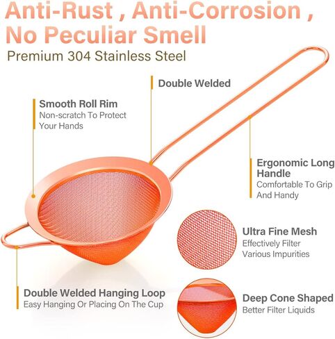 Eligara Fine Mesh Strainer with Handle - Copper Conical Strainers for Cocktail, Tea, Coffee & Drinks - Bar Stainless Steel High-Density Strainer Tool (Gold) in Kuwait