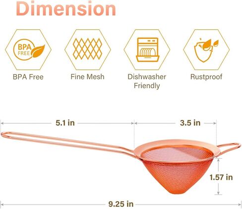 Eligara Fine Mesh Strainer with Handle - Copper Conical Strainers for Cocktail, Tea, Coffee & Drinks - Bar Stainless Steel High-Density Strainer Tool (Gold) in Kuwait