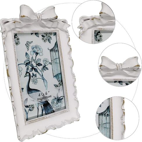 BLYBH Vintage Picture Frame 4x6 Bowknot Retro Photo Frames, Tabletop & Wall Hanging Ornate Antique Picture Frame with High Definition Glass, White in Saudi Arabia